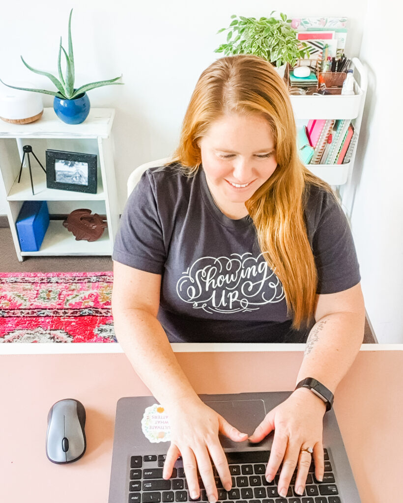 Copywriter working on values-based website copywriting at home desk